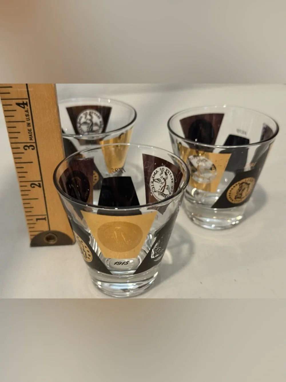 Set 3 Mid Century Cera Glass 22K Gold w/ Coin Emblem Design 